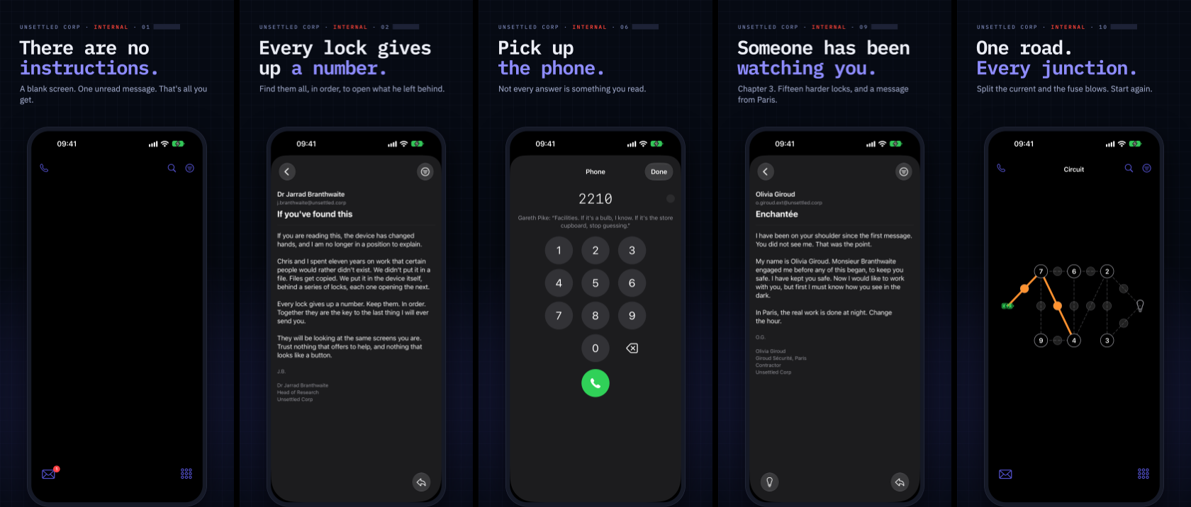 Available: **late October 2026** Banner - Unsettled is an iPhone escape game hidden in an ordinary-looking phone. No instructions and no free clues: crack every lock to open the sealed messages.